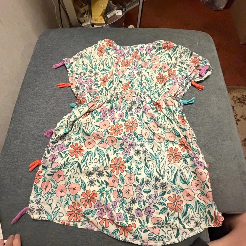 Cat & Jack Girls Floral Swim‎ Cover-Up Dress Tassel Detail Cream Large 10/12